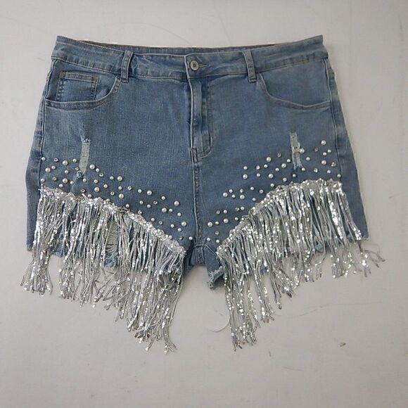 Pants - LifeShe High Waisted Ripped Rhinestone/Pearl Beaded Fringe Hem Jean Shorts, XXL
